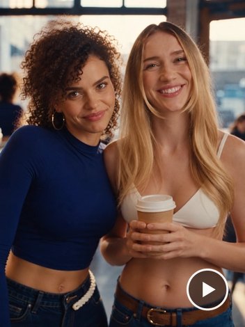 Two smiling women sharing a coffee in a sunny café.