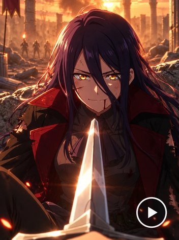 Anime warrior woman in a red coat facing a raised sword at sunset.