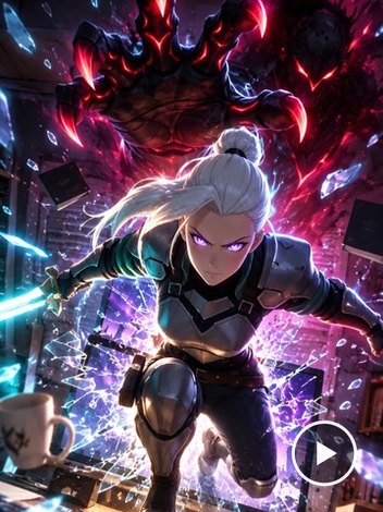 White-haired anime warrior bursting out of a computer screen.